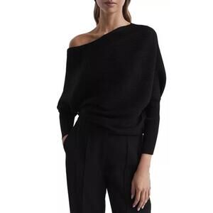 New REISS Lorna Asymmetric Draped Knitted Jumper In Black Size L $195